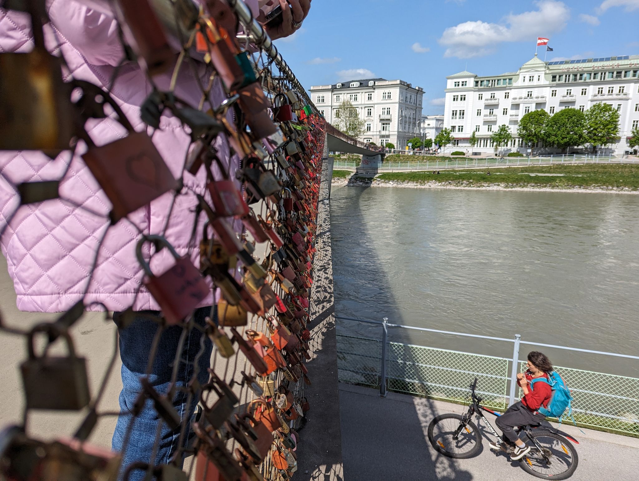  Austria, 11 Apr 2024  The Marko-Feingold-Steg pedestrian bridge in Salzburg is covered in those lovelock things.